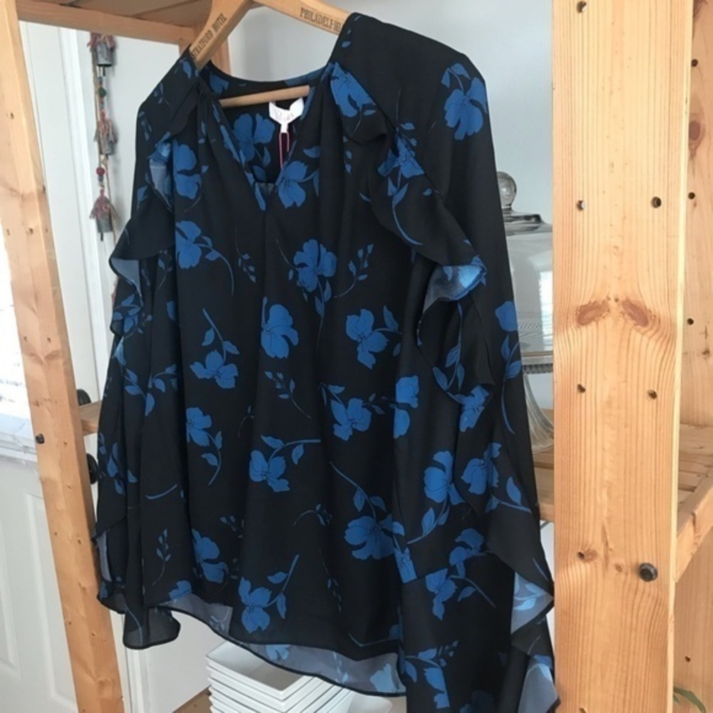 Parker Black Blue Floral Print Ruffle Long Sleeve Blouse Small - Picture 7 of 14